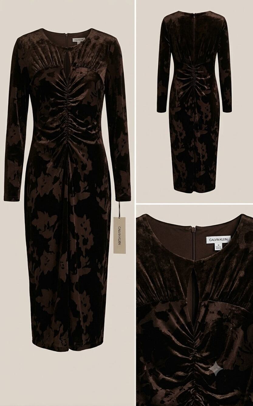 NWT Calvin Klein Chocolate Floral Velvet Ruched Midi Dress - Size 10